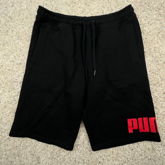 Puma Black Drawstring Jogger Shorts Fleece Lined Size Small Elastic Waist Red - Picture 1 of 7